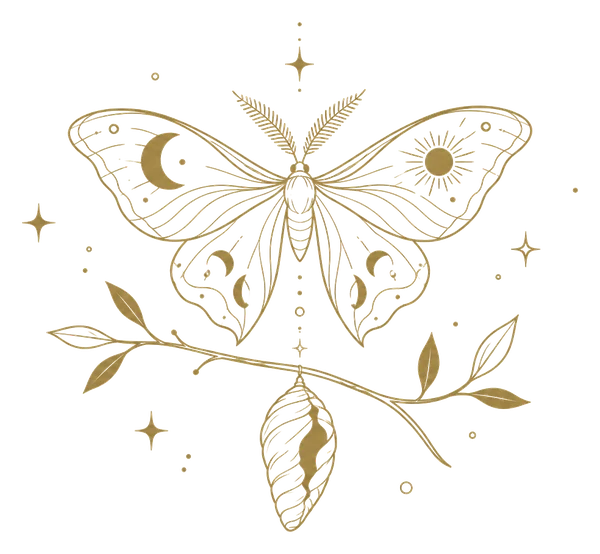 Dessin au trait doré d'un papillon de nuit sortant de son cocon, sous la lune et le soleil